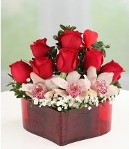 3 kandil orkide 7 kırmızı gül kalp mika Ankara internetten çiçek satışı